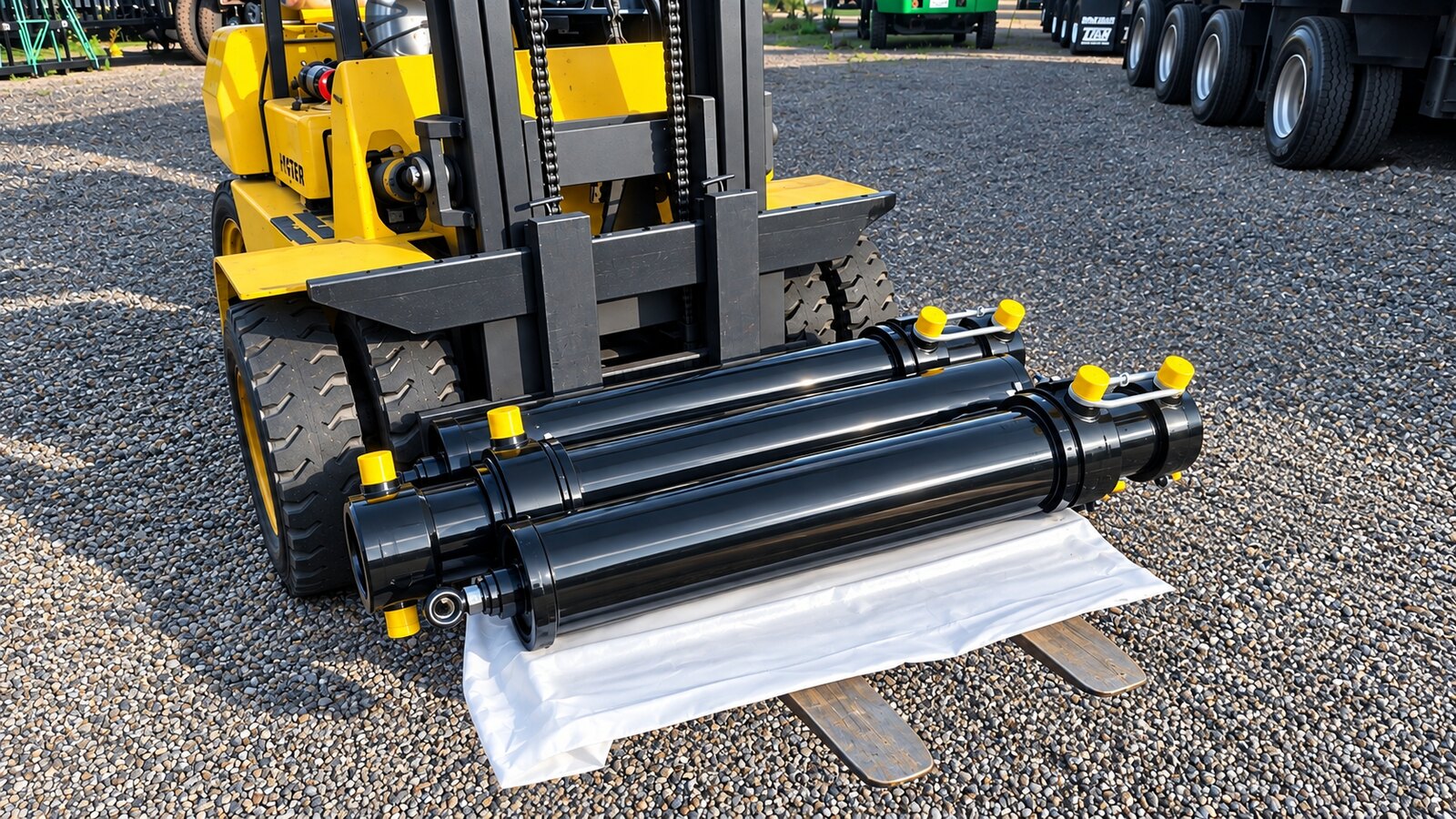 Replacement hoist cylinders prepared for installation